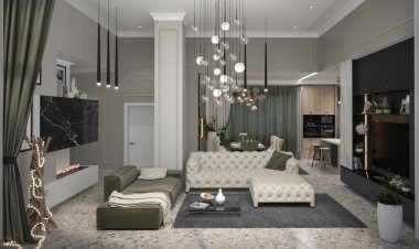 Çağdaş tarz oturma odası düzenleme ve apartman düzeni, 3 boyutlu illüstrasyon