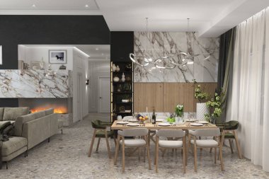 Open plan living room arranging, 3D render