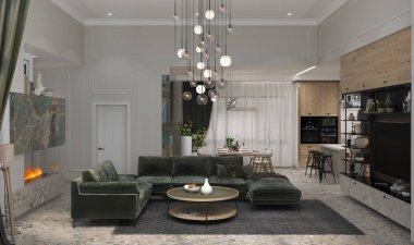 Open plan living room arranging, 3D render