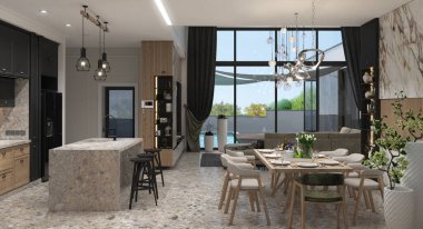 Open plan living room arranging, 3D render