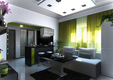 Açık kavramı oturma odası ve mutfak, 3d render