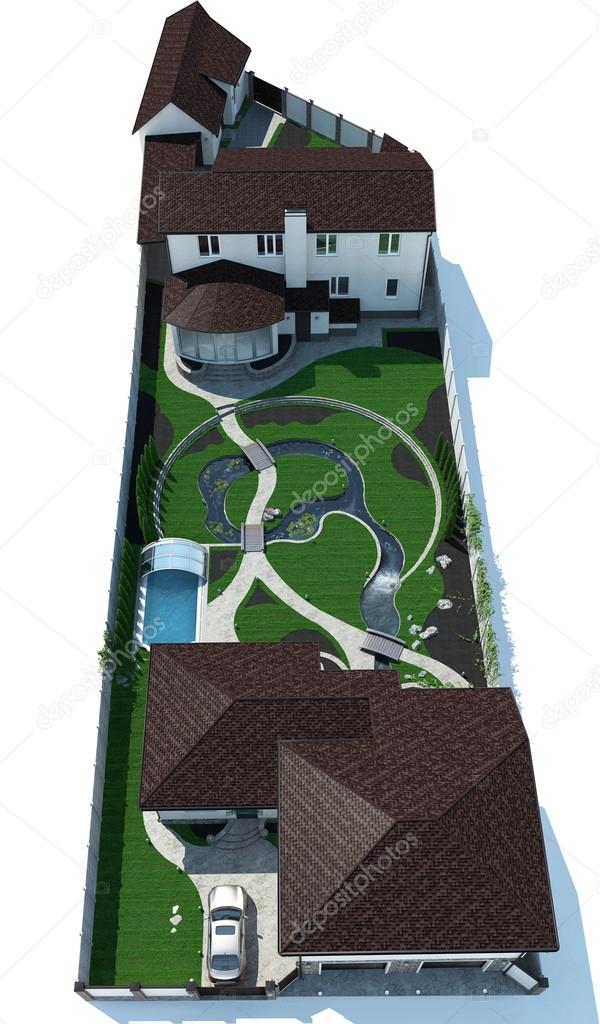 Perspective Of Real Estate Bird's Eye View Isolated over White Background, 3D Rendering