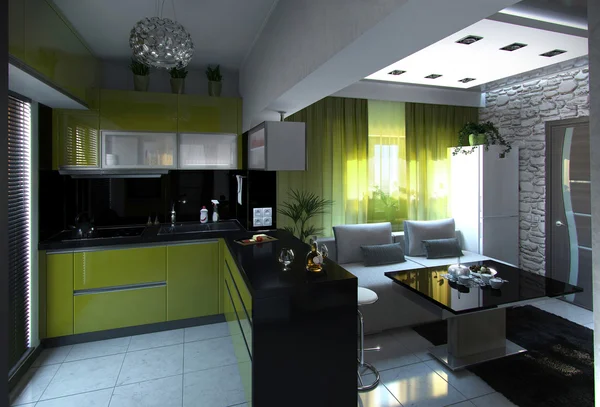Відкрити концепція кухні і вітальні, 3d візуалізації — стокове фото