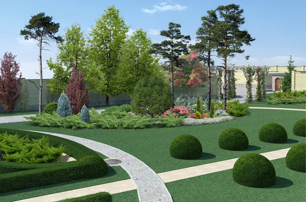 园林绿化经典风格植物群落，3d 渲染 — 图库照片