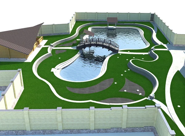 Ландшафтний ставок і кований міст Ізометричний вигляд, 3D візуалізація — стокове фото