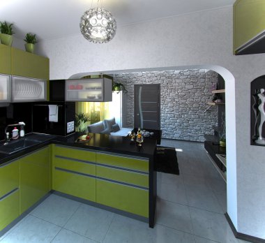 Mutfak ve salon, 3d render