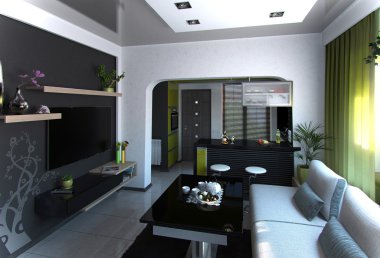 Oturma odası ve mutfak, 3d render