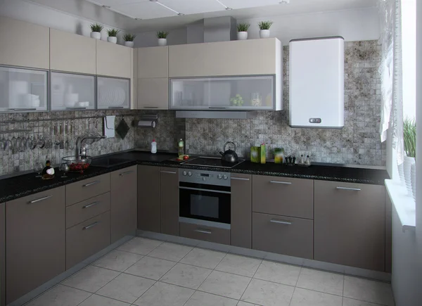 Cucina interni in stile moderno, rendering 3D — Foto Stock