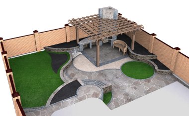 Arka Bahçe bakış açısı havadan görünümü, 3d render beyaz arka plan üzerinde izole peyzaj