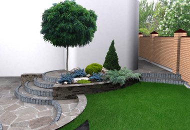 Peyzaj Bahçe merdiven ve bitki gruplandırmalar, 3d render