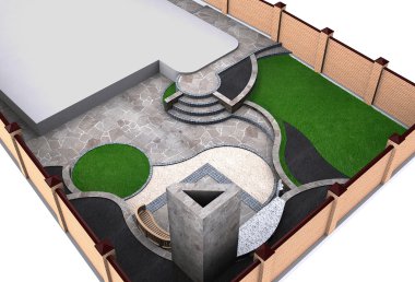 Arka Bahçe yüksek açılı görünüş, 3d render peyzaj