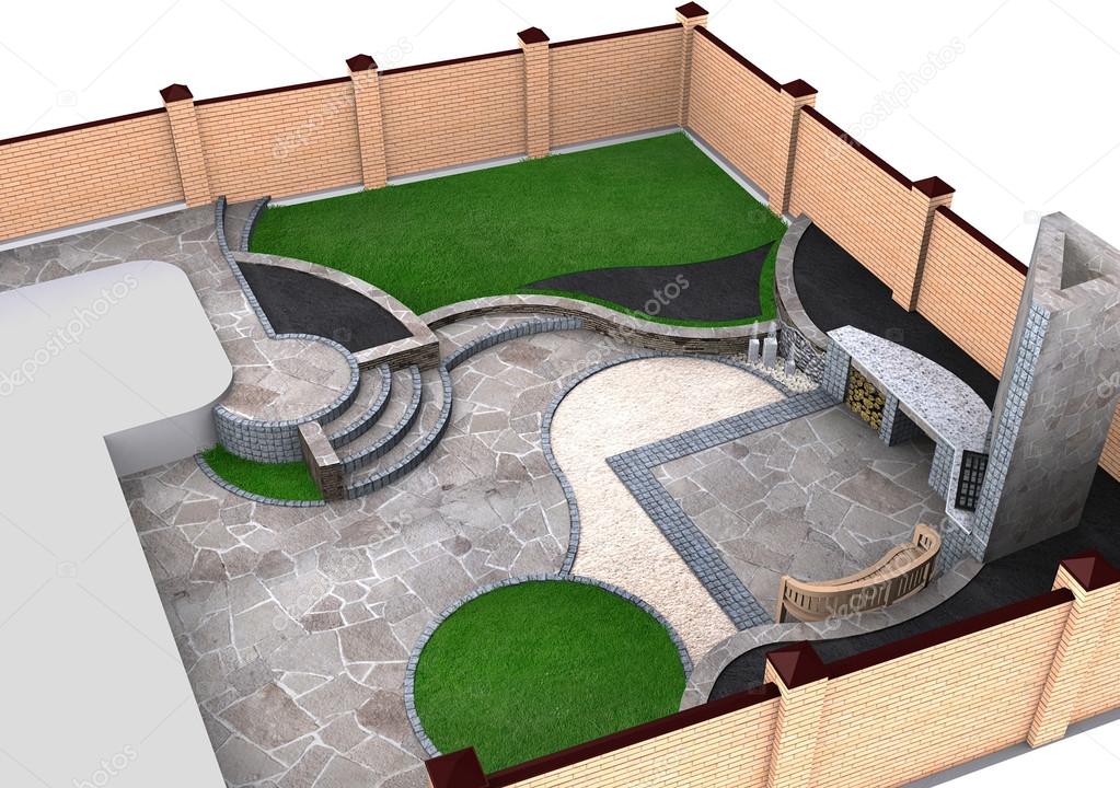 Landscaping backyard isometric view, 3D render