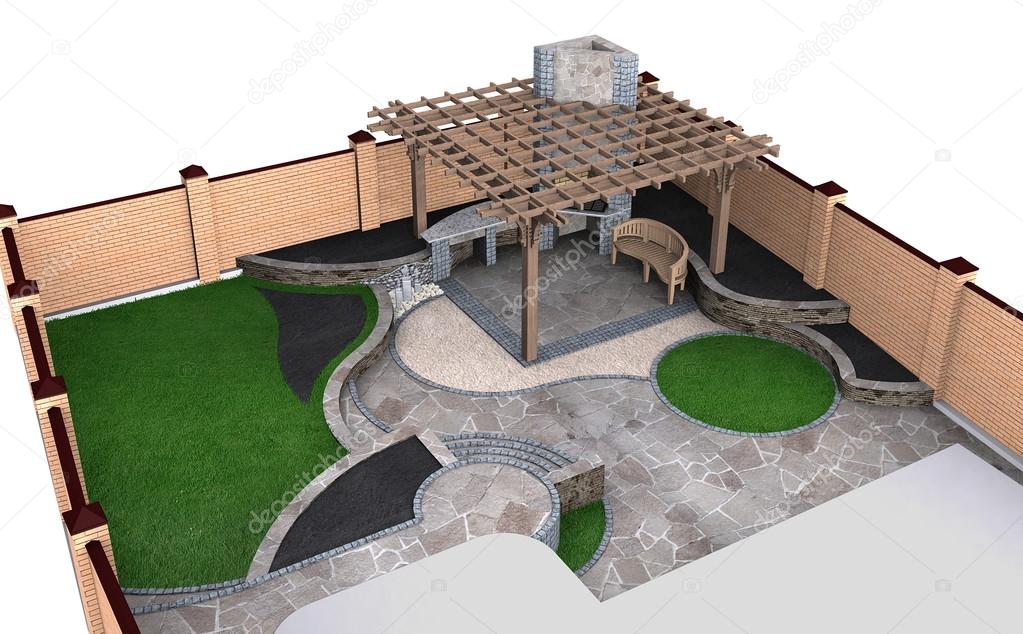 Landscaping backyard perspective aerial view, 3D render isolated over white background