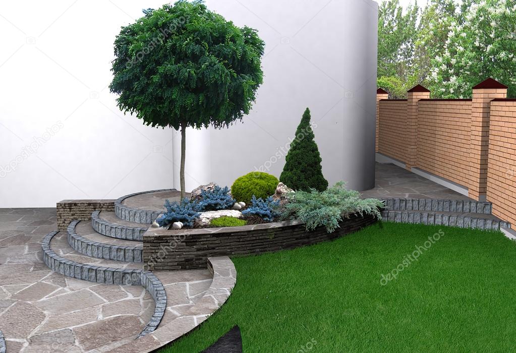 Landscaping garden stairs and plant groupings, 3D render