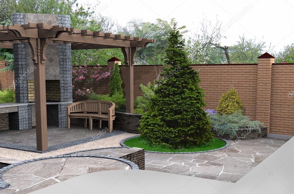 View of the entertainment space in the garden, 3D render
