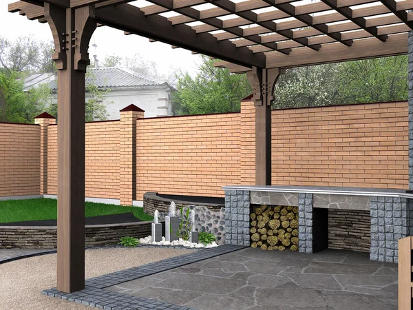 Eğlence peyzaj zemin küçük çeşme, 3d render