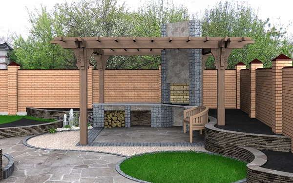 Pergola rekreasyon alanı, 3d Render peyzaj görünümü