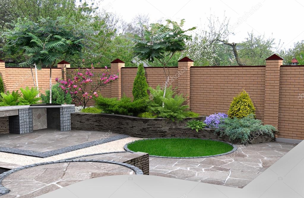 Landscaping recreational space plant groupings, 3D render integrated into environment
