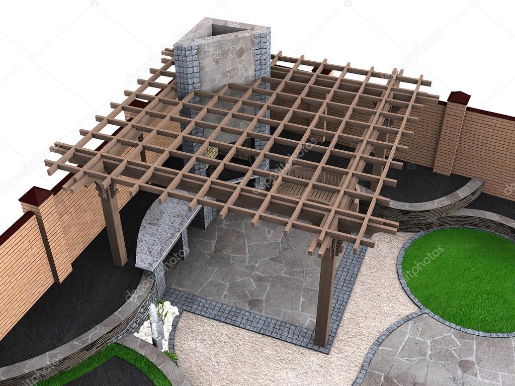 Landscaping pergola high angle view, 3D render