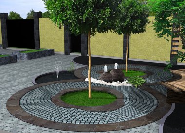 Peyzaj tasarım dekoratif çeşme, 3d render