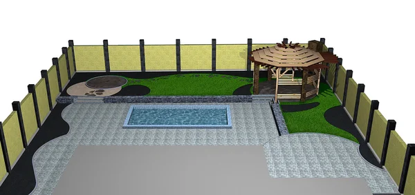 Paisajismo piscina patio trasero y vista isométrica cenador, renderizado 3D — Foto de Stock