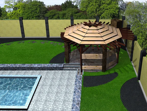 Paisajismo cenador y vista aérea junto a la piscina, renderizado 3D — Foto de Stock