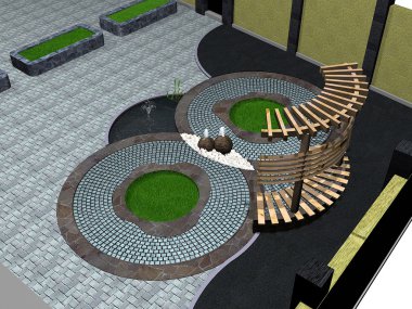 Ön bahçede havadan görünümü, 3d Render peyzaj