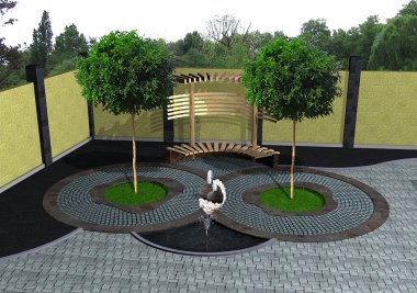 Pergola ve küçük çeşme rekreasyon bölgesi, 3d render peyzaj