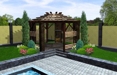 Barbekü, 3d render ile peyzaj çardak