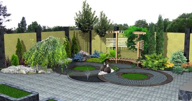 Pergola kafes bitki gruplandırmalar, 3d render peyzaj