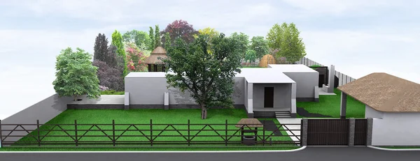 Krajobrazu podwórku wiejskim stylu, 3d render — Zdjęcie stockowe