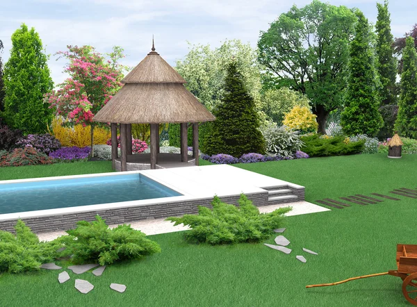 Piantagione paesaggistica di verde e gazebo in stile Europa orientale, resa 3D — Foto Stock