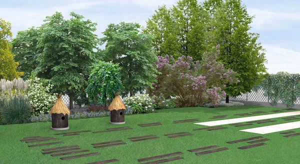 Paisajismo estilo país jardín plantación de vegetación, 3D render — Foto de Stock