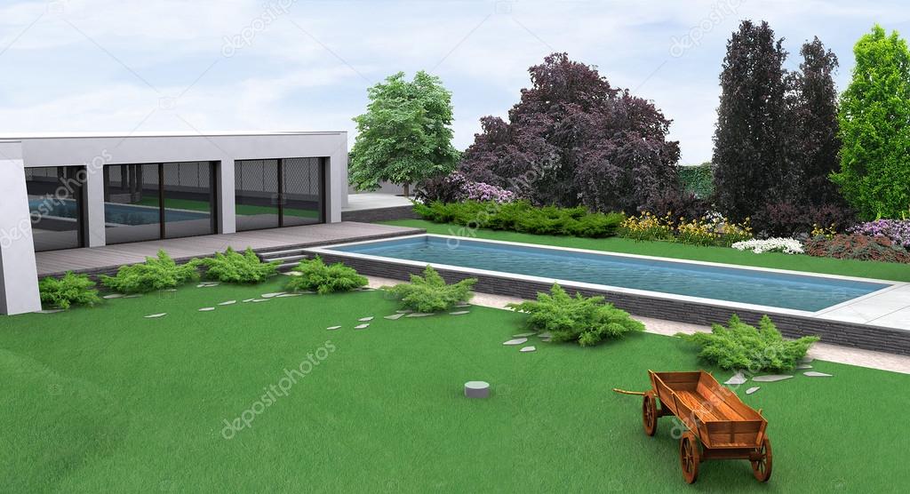 Landscaping rustic style garden poolside, 3D render