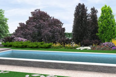 Peyzaj havuz ve bitki gruplandırmalar, 3d render