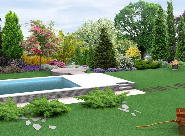 Architettura del paesaggio in stile country giardino piante raggruppamenti, rendering 3D — Foto Stock