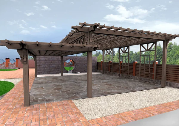Landscape design patio hardscapes, 3D render