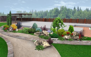 Örnek dekorasyon, 3d Render arka bahçesinde çevre düzenlemesi