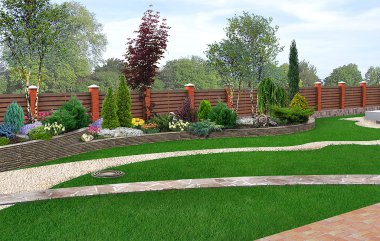 Dekorasyon ve bitkiler, 3d Render gruplandırma arka bahçe örneği