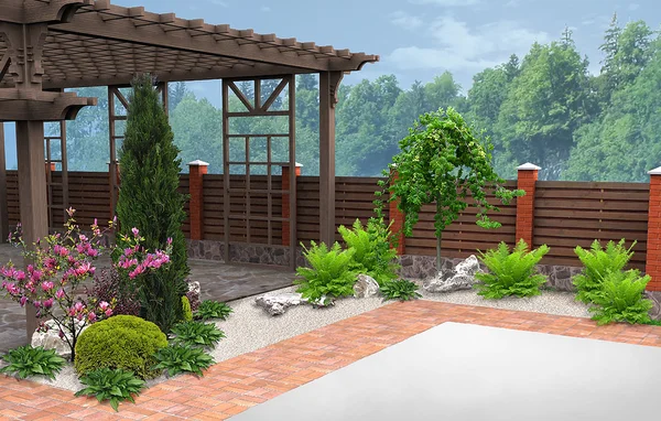 Dekorasyon ve bitkiler, 3d Render gruplandırma veranda örneği