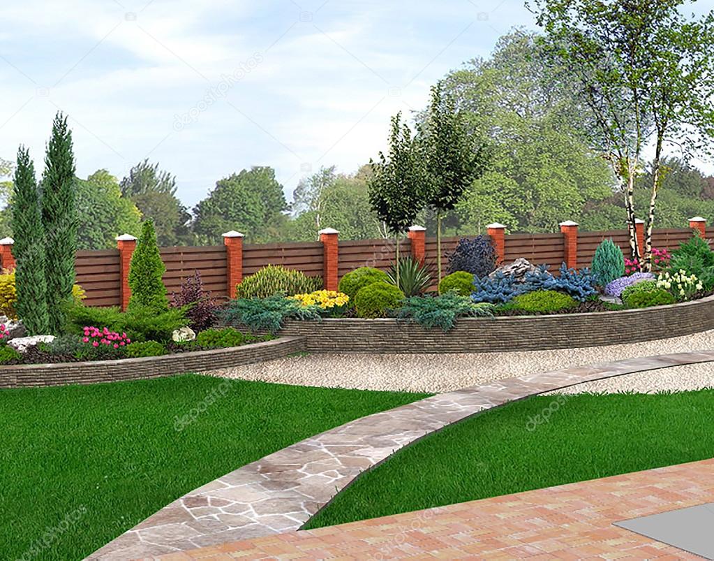 Landscaping  side yard horticultural background, 3D Render