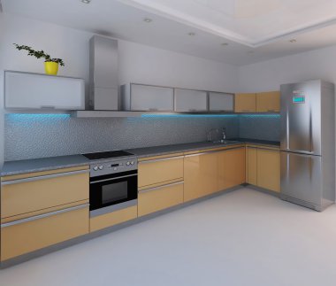 Mutfak modern tarzı iç tasarım, 3d render