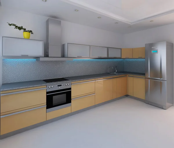 Cocina de diseño de interiores de estilo moderno, 3D render —  Fotos de Stock