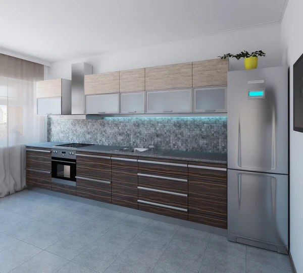 Cocina de diseño de interiores de estilo moderno, 3D render —  Fotos de Stock