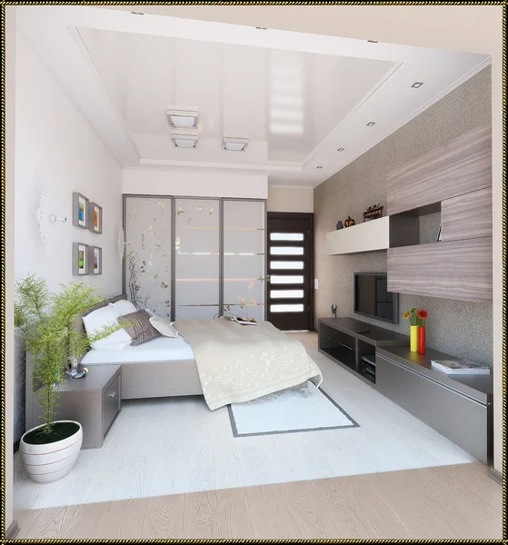 Dormitorio de diseño de interiores de estilo moderno, 3D render —  Fotos de Stock