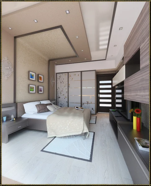 Dormitorio de diseño de interiores de estilo moderno, 3D render —  Fotos de Stock