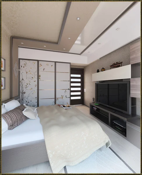 Dormitorio de diseño de interiores de estilo moderno, 3D render —  Fotos de Stock