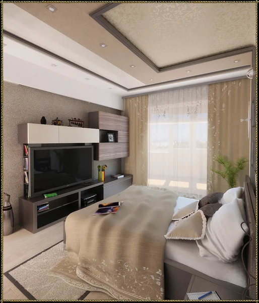 Dormitorio de diseño de interiores de estilo moderno, 3D render — Foto de Stock