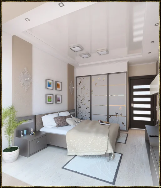 침실 모던 인테리어 디자인, 3d 렌더링 — 스톡 사진