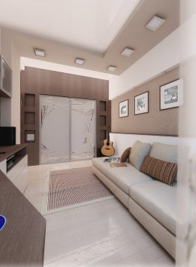 Genç adam yatak odası, iç tasarım, 3d render